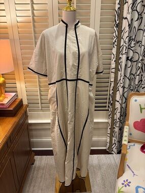 Cream Maxi Dress with Black Piping — Elegant Minimalist Design. Linen fabric.